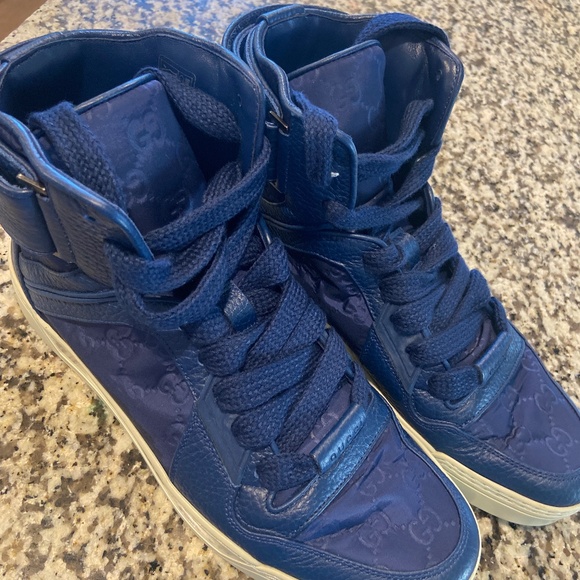 GUCCI GG GUCCISSIMA MENS HI-TOP NYLON LEATHER SNEAKERS - Picture 1 of 4
